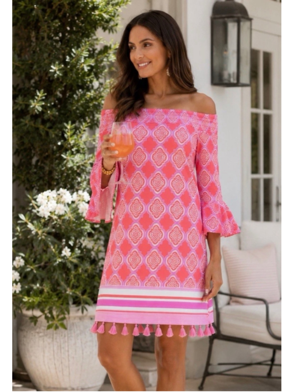 Cabana Life Print Tassel Hem off Shoulder Mini Dress